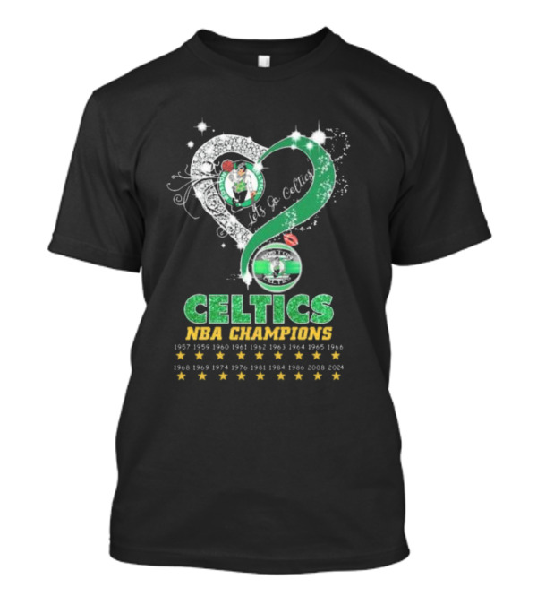 Boston Celtics Let's Go Celtics NBA Champions 1957-2024 Heart Diamond Stars T-Shirt