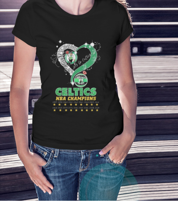 Boston Celtics Let's Go Celtics NBA Champions 1957-2024 Heart Diamond Stars T-Shirt
