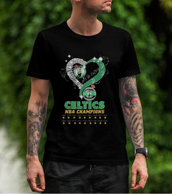 Boston Celtics Let's Go Celtics NBA Champions 1957-2024 Heart Diamond Stars T-Shirt