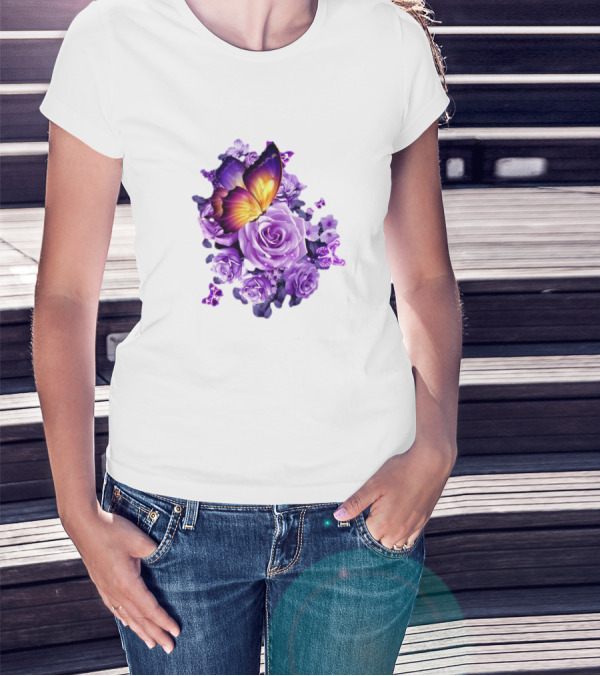 Butterfly Purple Rose Blossoms Floral Arrangement T-Shirt