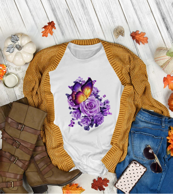 Butterfly Purple Rose Blossoms Floral Arrangement T-Shirt
