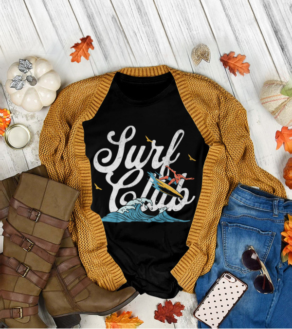 Surf Club Vintage Surfing Wave With Seagulls And Surfer T-Shirt