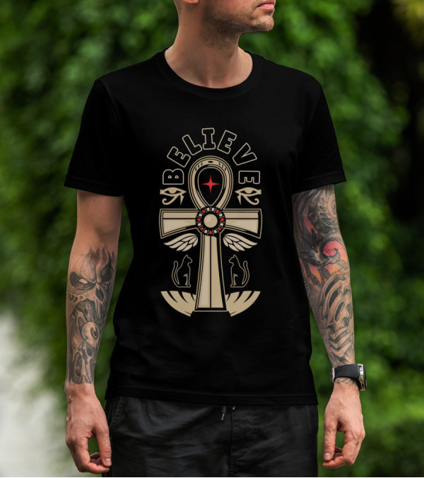 Believe Ankh Symbol With Wings And Cats T-Shirt