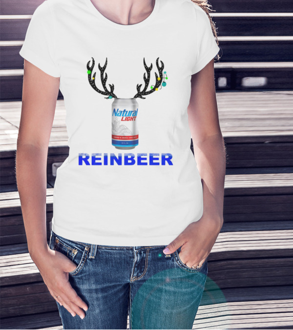 Natural Light Holiday Reinbeer Can Antlers Christmas T-Shirt