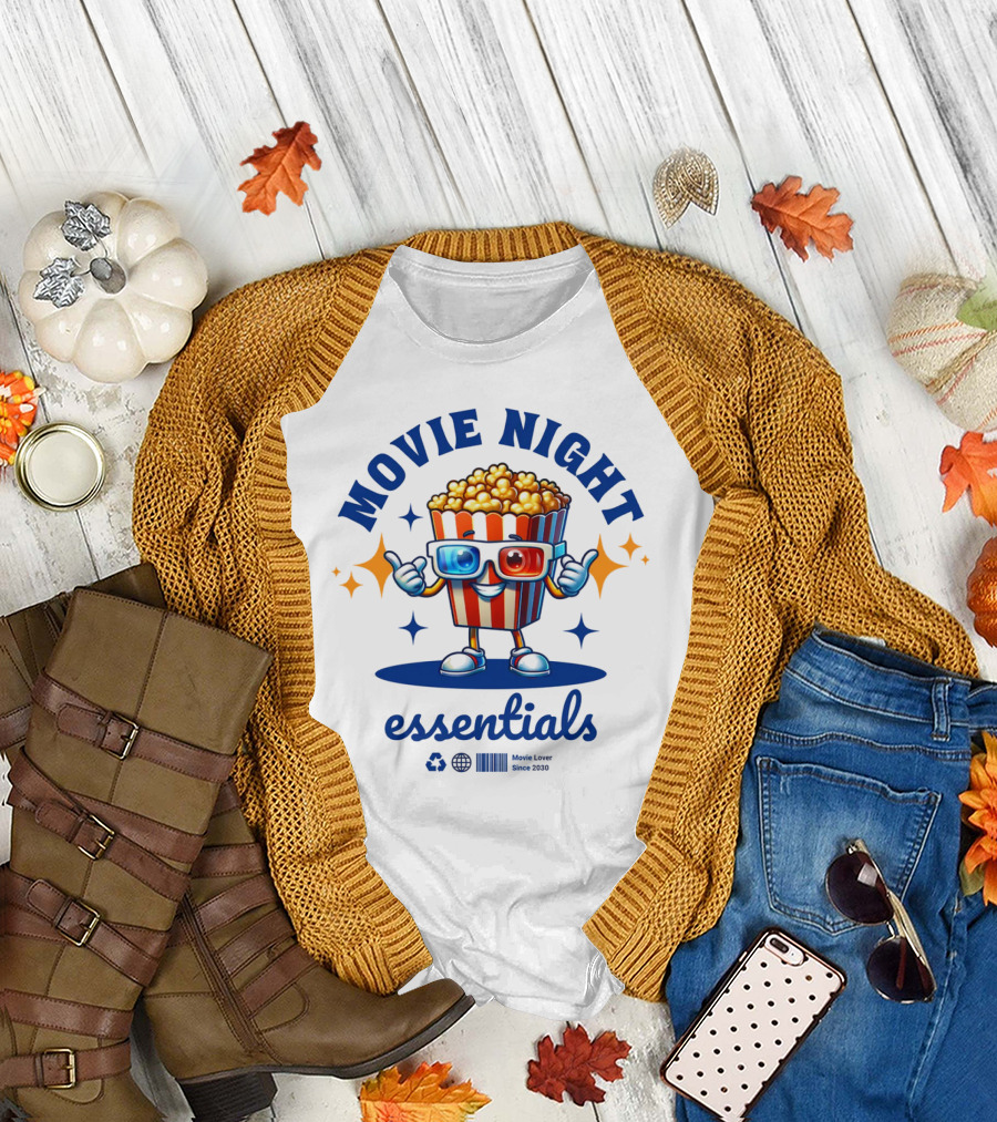 Movie Night Essentials Popcorn Movie Lover Cute Cinema T-Shirt