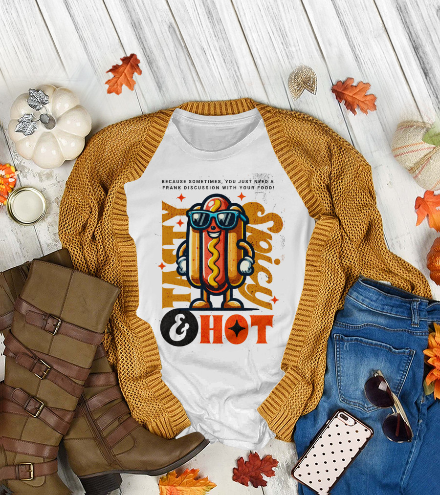 Highly Spicy and Hot Retro Funny Hot Dog Fast Food Mascot Character T-Shirt