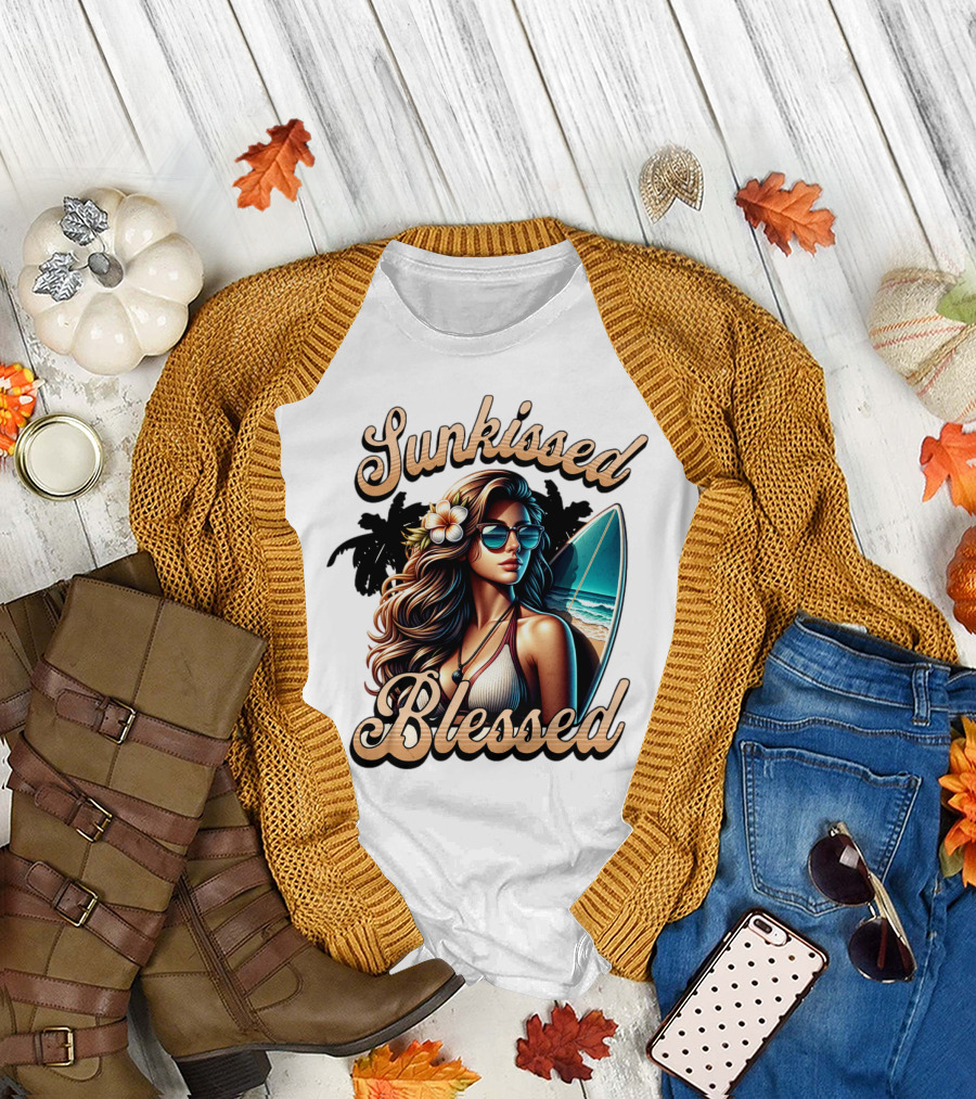 Sunkissed Blessed Surfer Girl in Sunglasses with Surfboard and Flower in Hair T-Shirt