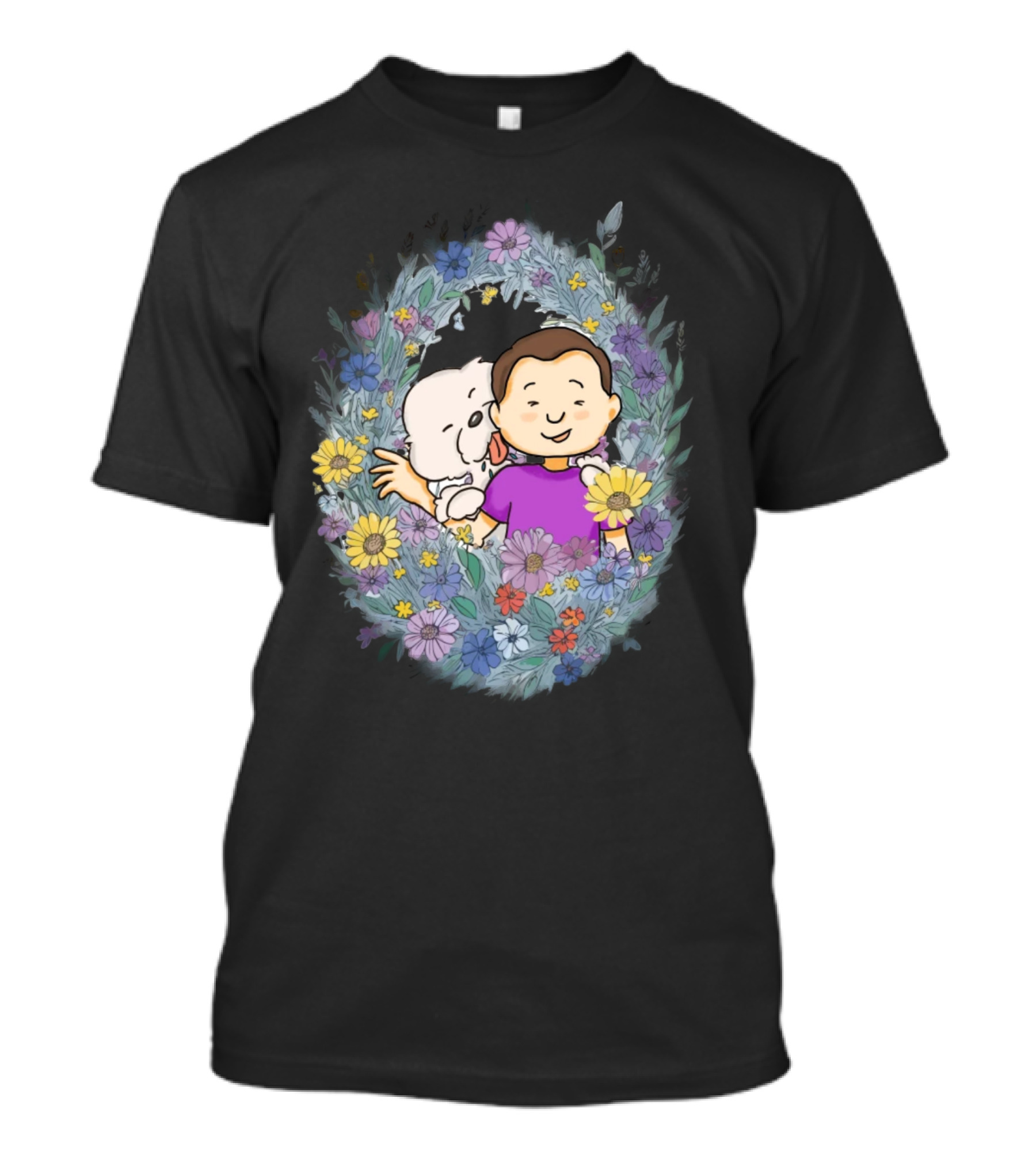 Dog Dad With Child And Dog Surrounded By Floral Wreath T-Shirt
