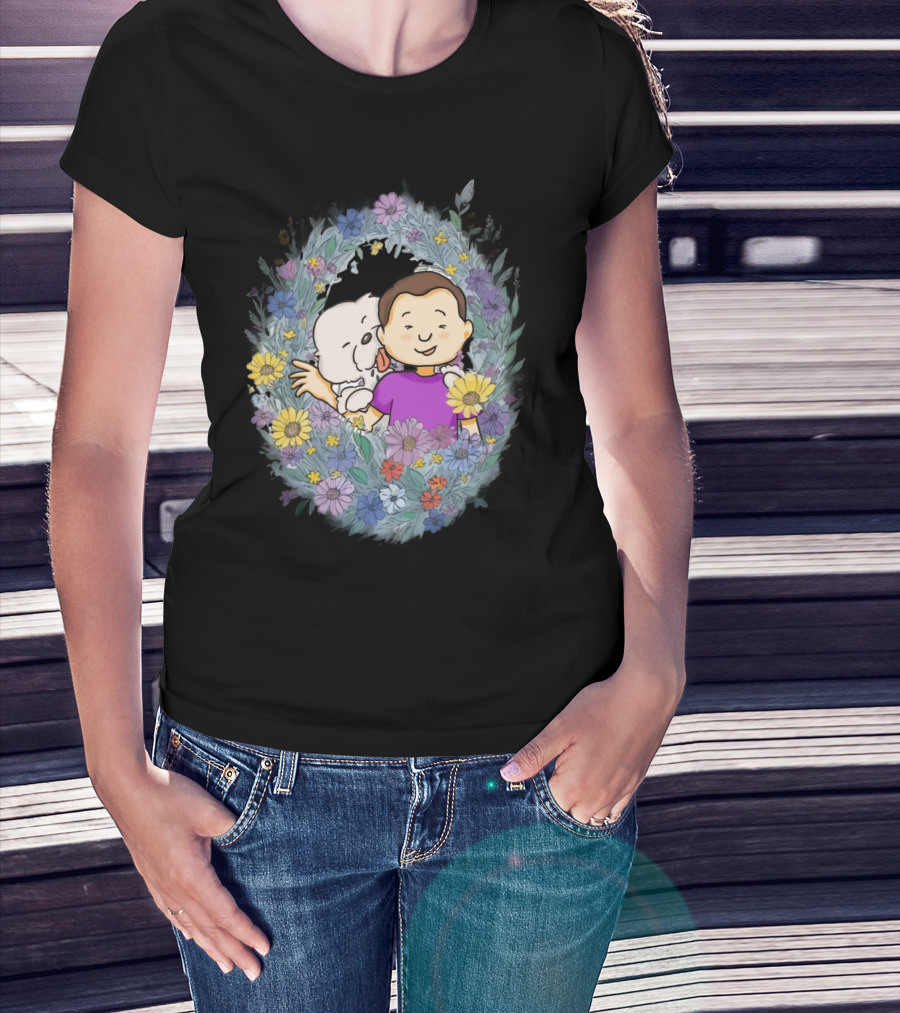 Dog Dad With Child And Dog Surrounded By Floral Wreath T-Shirt