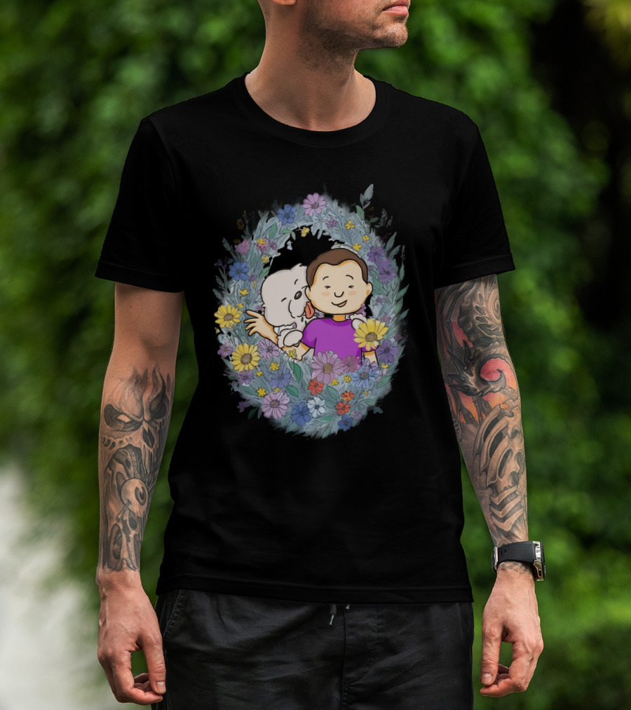 Dog Dad With Child And Dog Surrounded By Floral Wreath T-Shirt