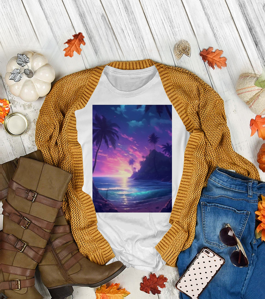 Escape the Ordinary Tropical Sunset with Palm Trees and Ocean View T-Shirt