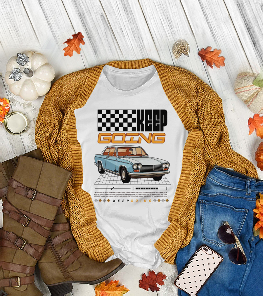 KEEP GOING Retro Car Classic Style Checkerboard Racing Elements T-Shirt