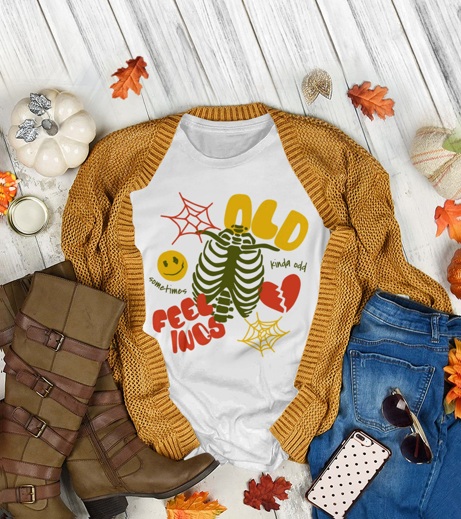 Old Feelings Sometimes Kinda Odd Broken Heart and Smiley Skeleton with Webs T-Shirt