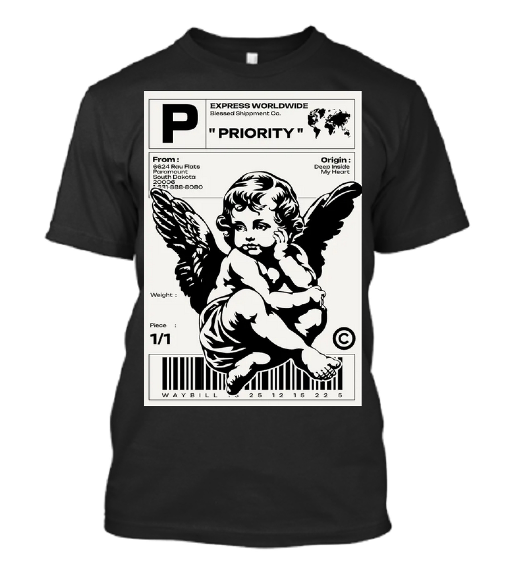 P Express Worldwide Blessed Shipment Co Priority Waybill Cherub Angel Barcode South Dakota T-Shirt