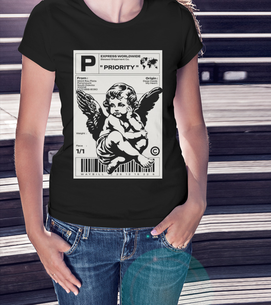 P Express Worldwide Blessed Shipment Co Priority Waybill Cherub Angel Barcode South Dakota T-Shirt