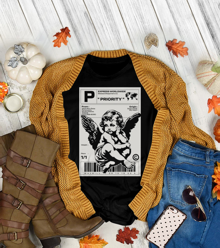 P Express Worldwide Blessed Shipment Co Priority Waybill Cherub Angel Barcode South Dakota T-Shirt