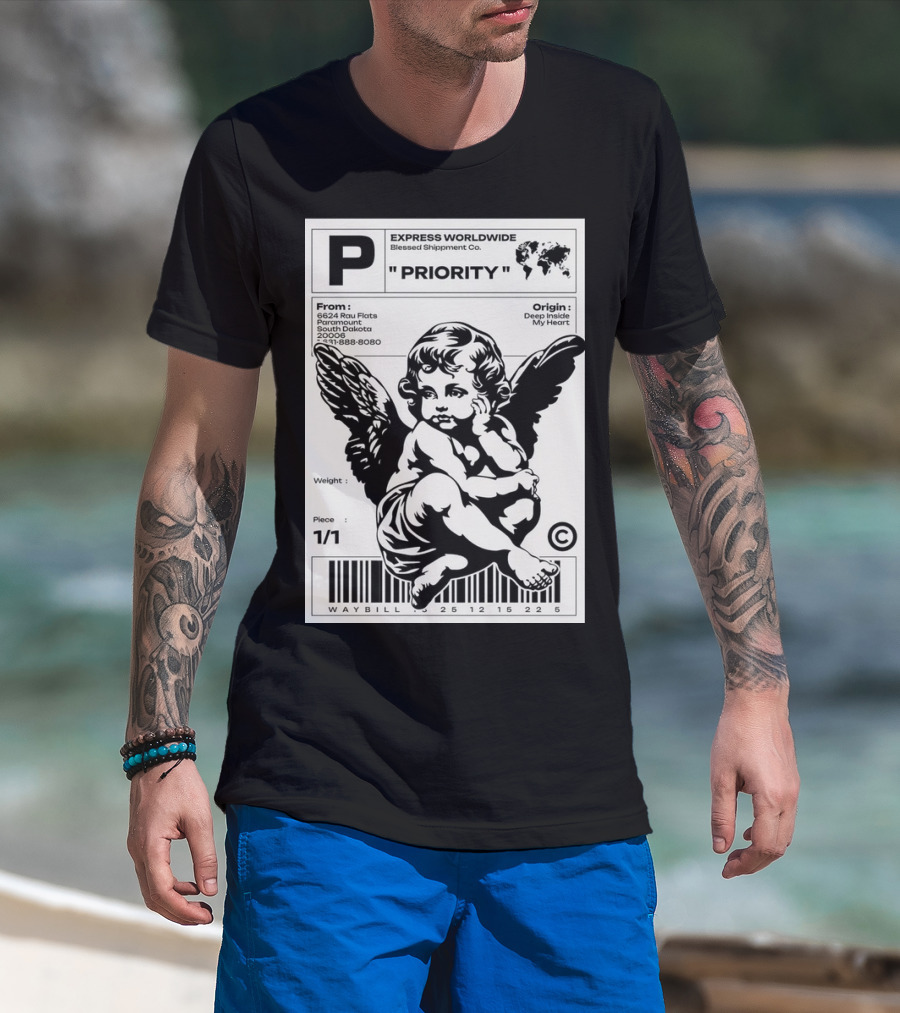 P Express Worldwide Blessed Shipment Co Priority Waybill Cherub Angel Barcode South Dakota T-Shirt