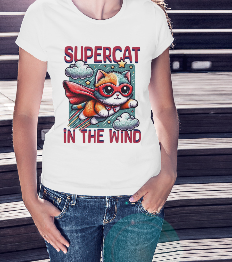 SUPER CAT IN THE WIND STAR ADVENTURE WITH CLOUDS AND CAPE T-Shirt