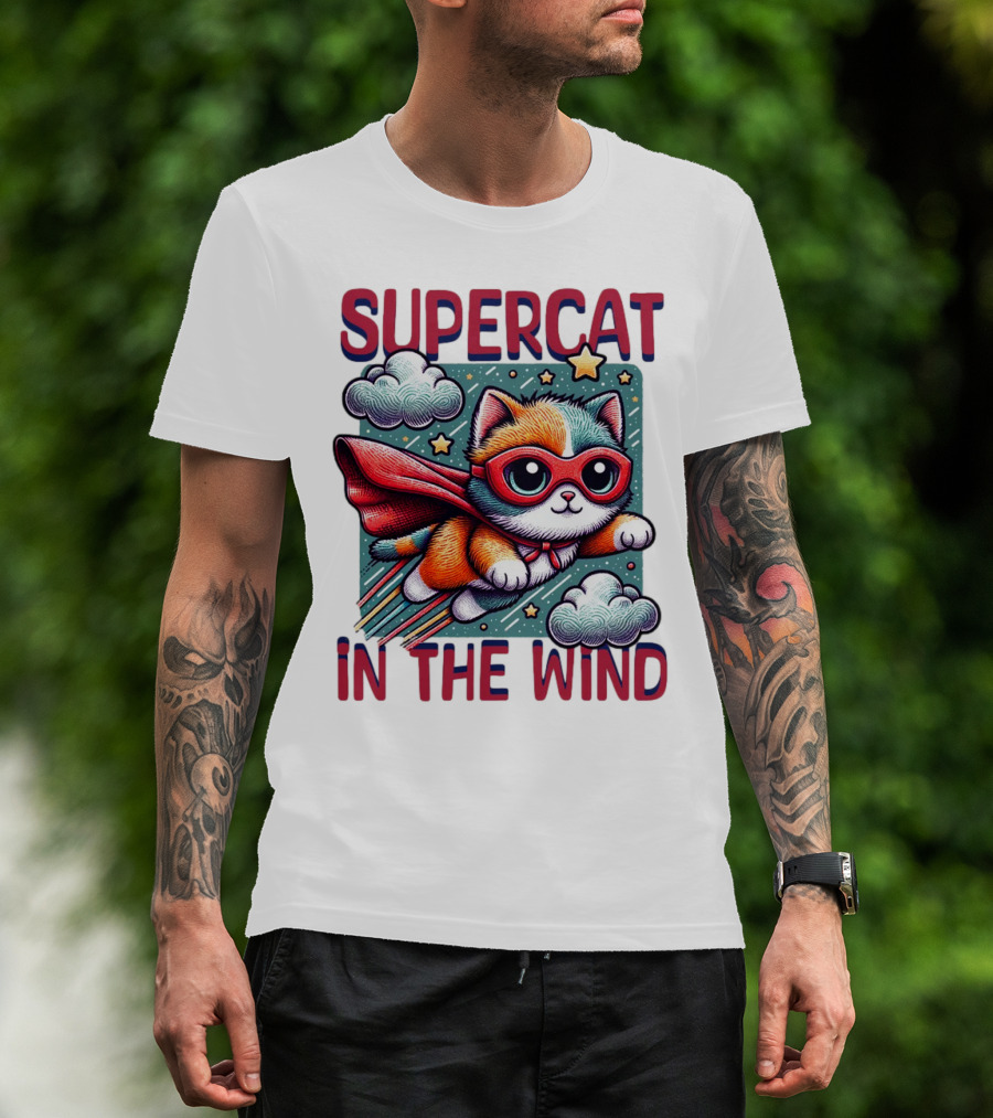 SUPER CAT IN THE WIND STAR ADVENTURE WITH CLOUDS AND CAPE T-Shirt