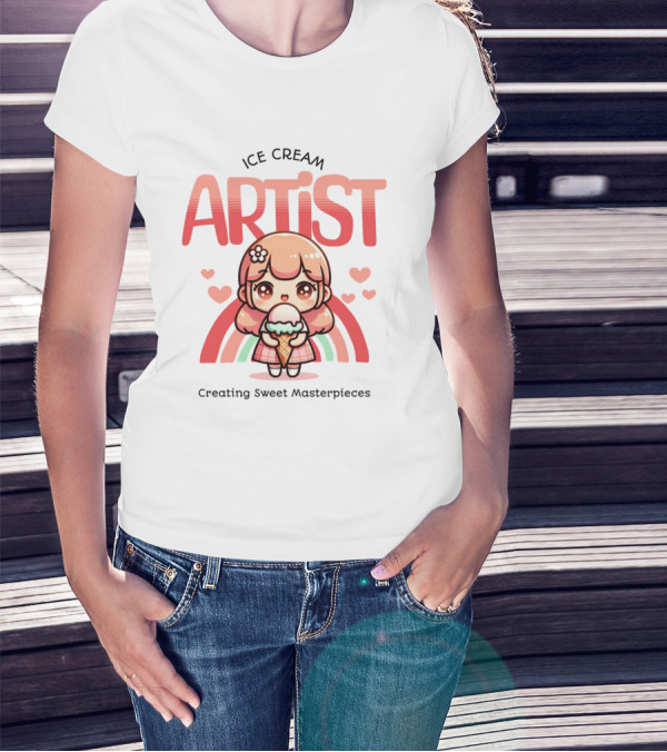 Ice Cream Artist Creating Sweet Masterpieces Kawaii Girl With Hearts And Rainbow T-Shirt