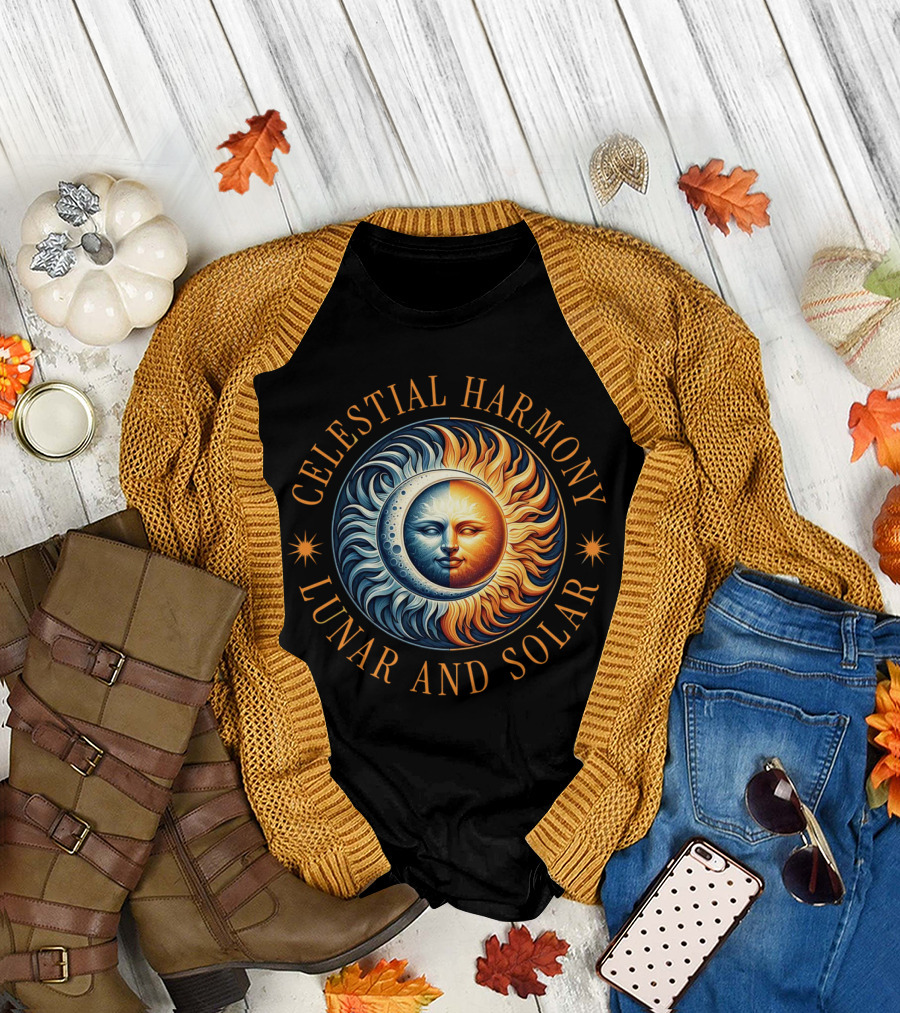 Celestial Harmony Lunar and Solar Duality Moon and Sun Symmetry T-Shirt