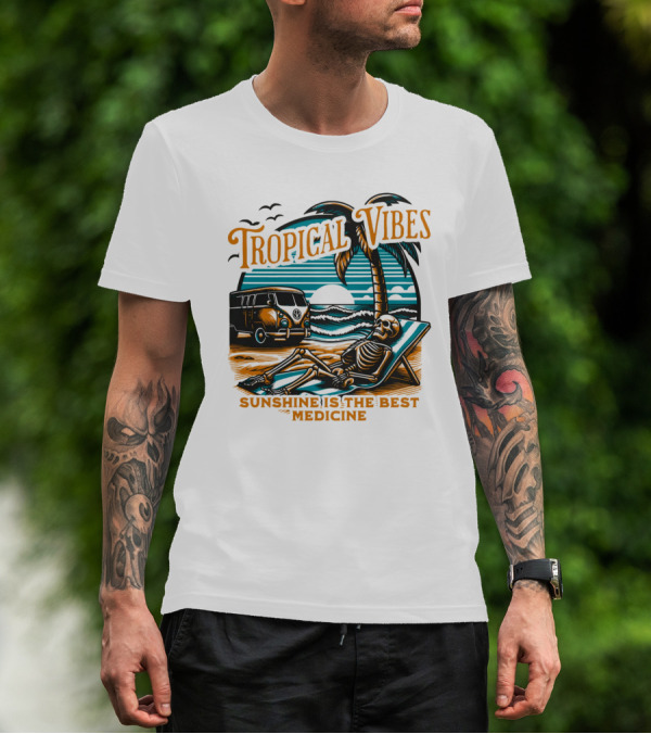 Tropical Vibes Sunshine Is The Best Medicine Skeleton Beach Van Sunset Scene T-Shirt