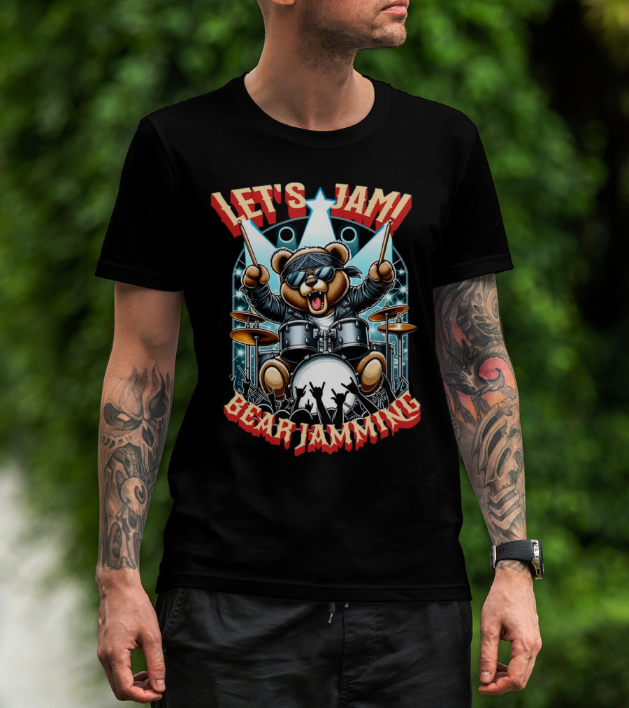 Let's Jam Bear Jamming Rock Drummer Concert Stage Electric Bear T-Shirt