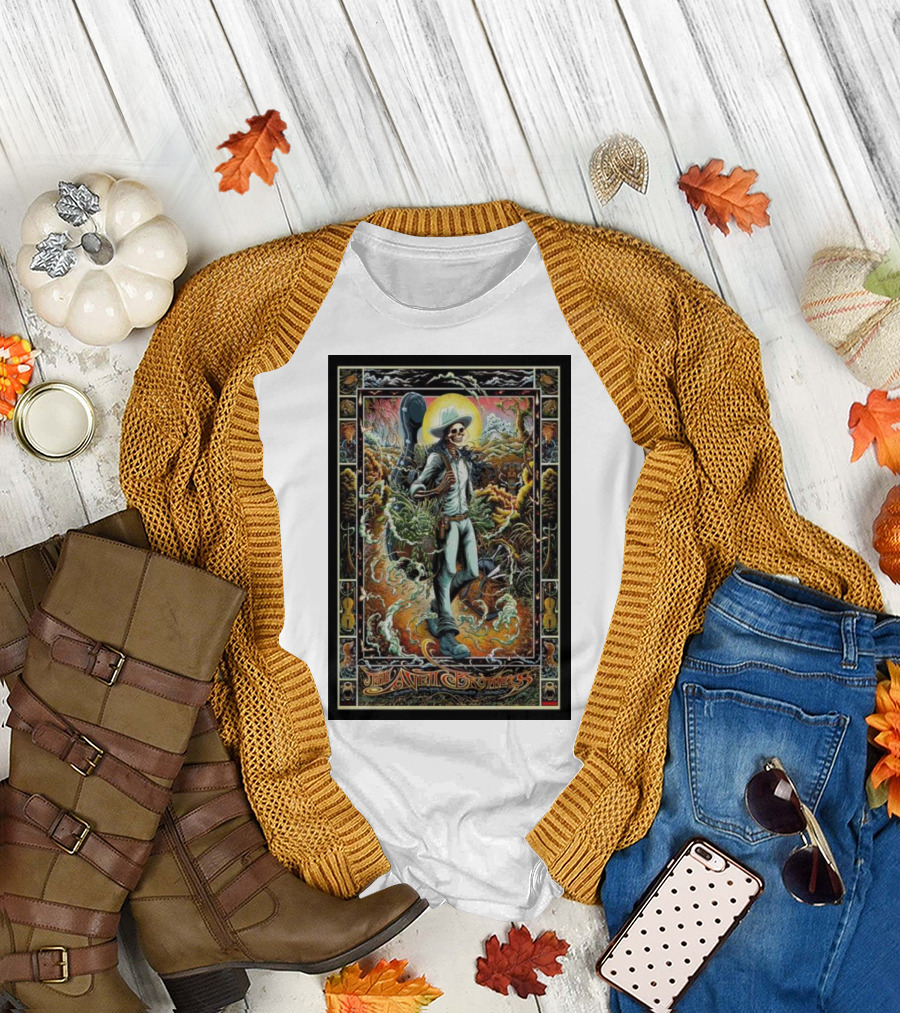 The Avett Brothers Skeleton Cowboy with Guitar and Sunburst Background Stanford T-Shirt