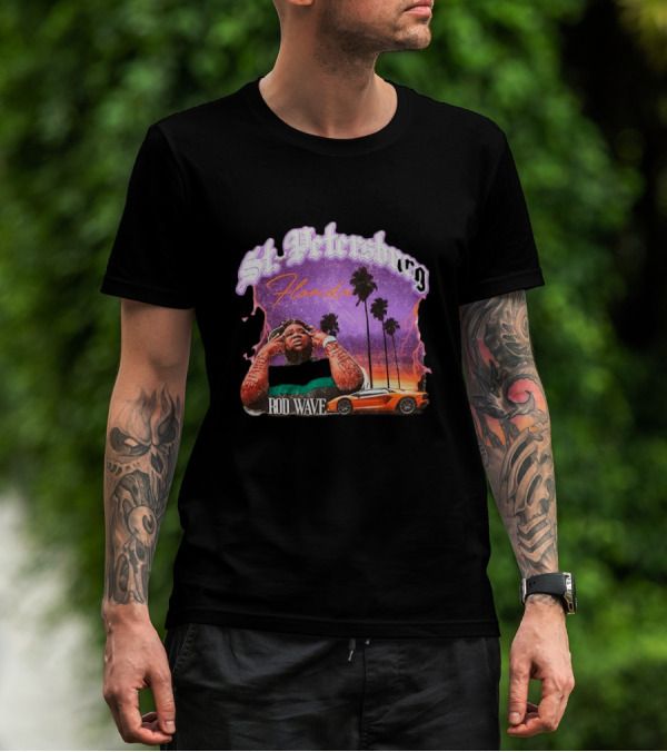 St. Petersburg Florida Rod Wave Purple Sunset Orange Car Palm Trees T-Shirt