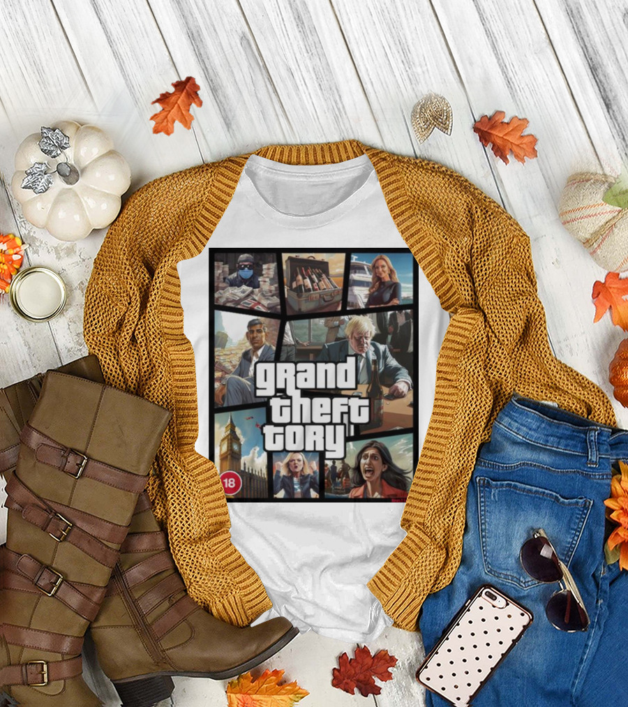 Grand Theft Tory GTA Big Ben Crime Drama 18+ Rating T-Shirt