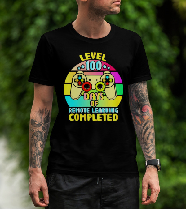 Level 100 Remote Learning Completed Vintage Gaming Controller Retro Rainbow T-Shirt