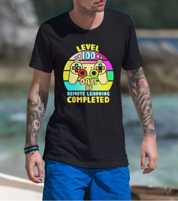 Level 100 Remote Learning Completed Vintage Gaming Controller Retro Rainbow T-Shirt