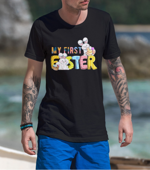 My First Easter Baby Boy Easter Bunny With Colorful Eggs And Bunnies T-Shirt