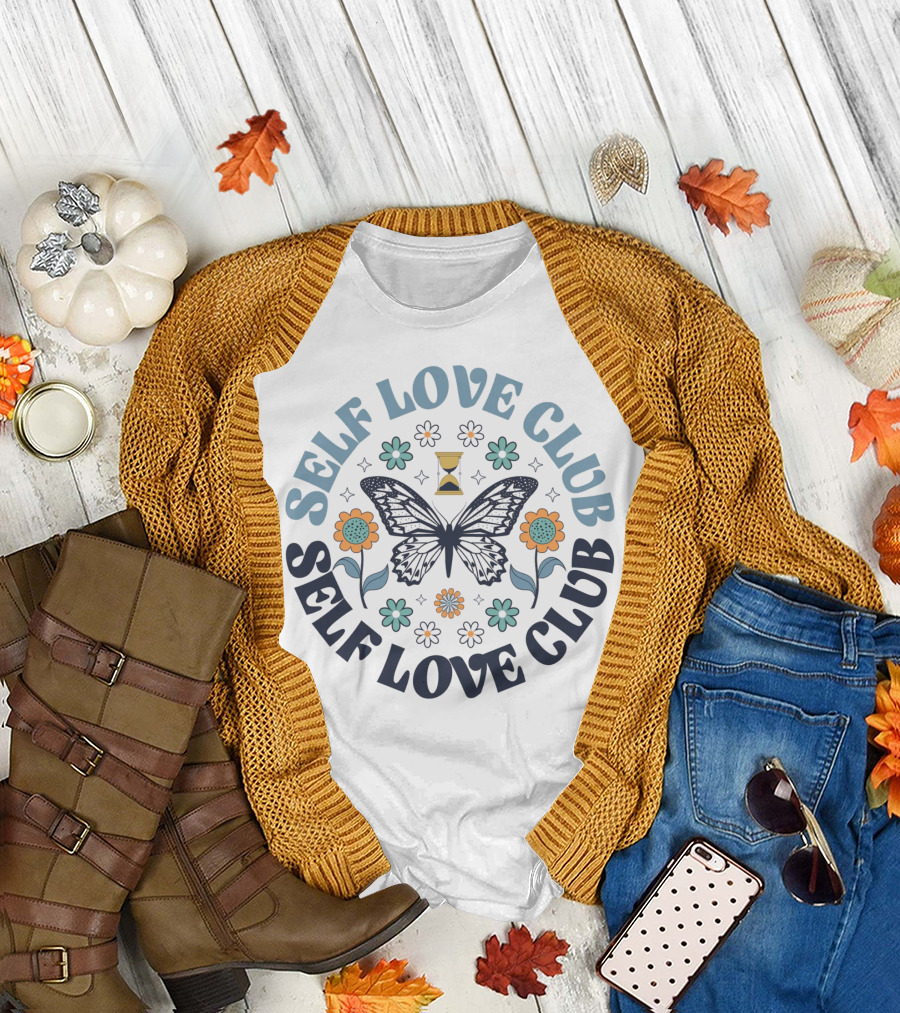 Self Love Club Boho Floral Butterfly with Flowers and Hourglass T-Shirt