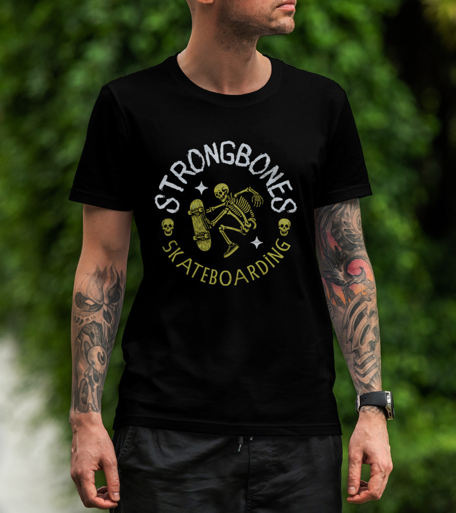 Strongbones Skateboarding Skeleton With Skull Accents T-Shirt