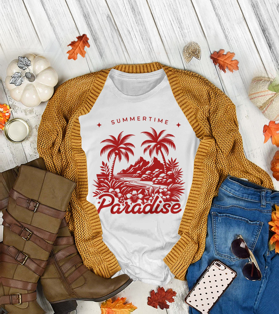 Summertime Paradise Palm Trees and Mountains Landscape T-Shirt