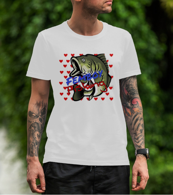 Femboy Fishing With Heart Pattern And Big Mouth Bass T-Shirt