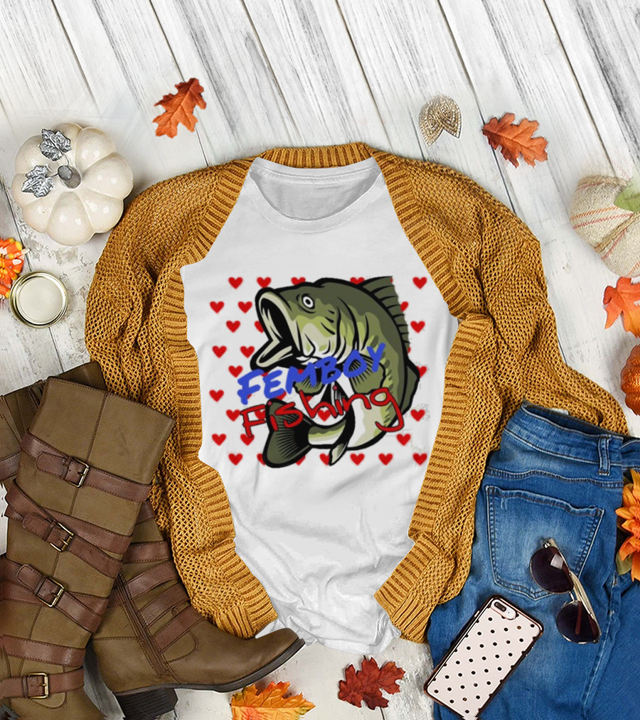Femboy Fishing with Heart Pattern and Big Mouth Bass T-Shirt