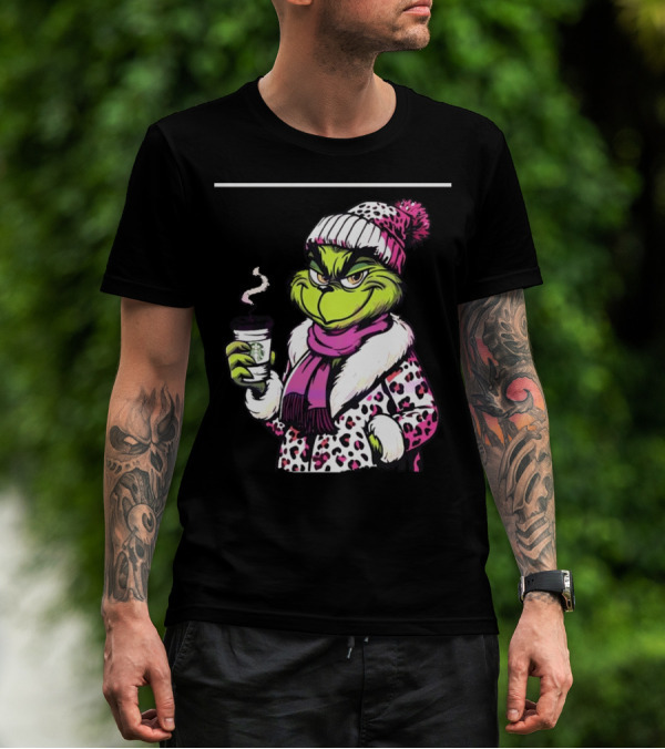 Grinchy And Bougie In Pink Leopard With Coffee Cup T-Shirt