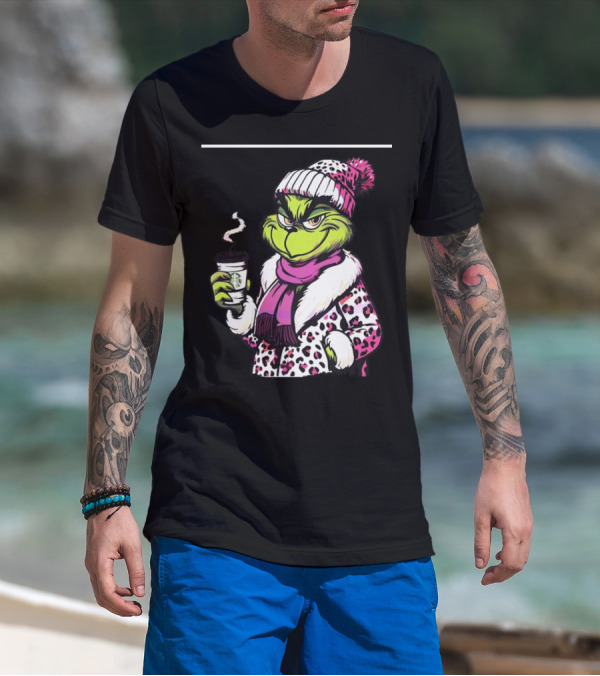 Grinchy And Bougie In Pink Leopard With Coffee Cup T-Shirt
