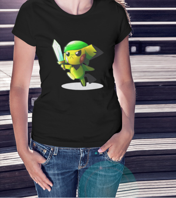 Pikachu Dressed As Link From The Legend Of Zelda With Sword In Hand T-Shirt