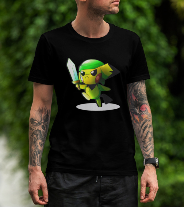Pikachu Dressed As Link From The Legend Of Zelda With Sword In Hand T-Shirt