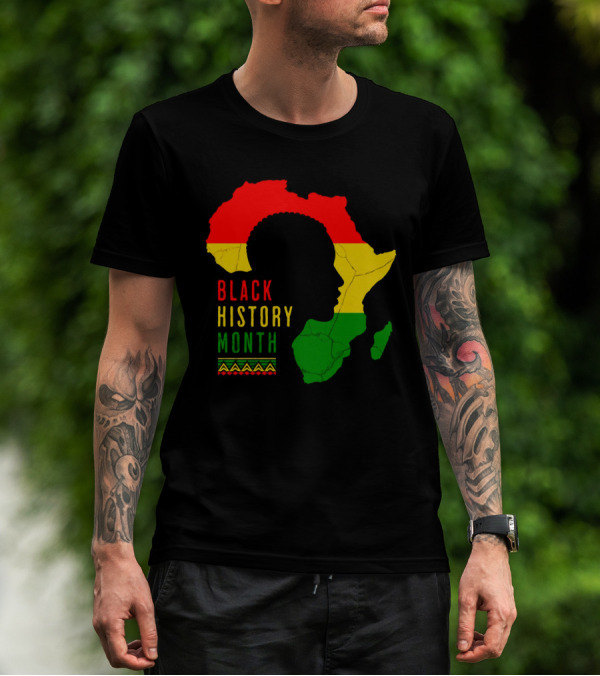 Black History Month African Continent Map With Red Yellow Green Colors And Afro T-Shirt