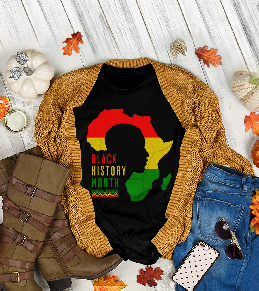 Black History Month African Continent Map with Red Yellow Green Colors and Afro T-Shirt