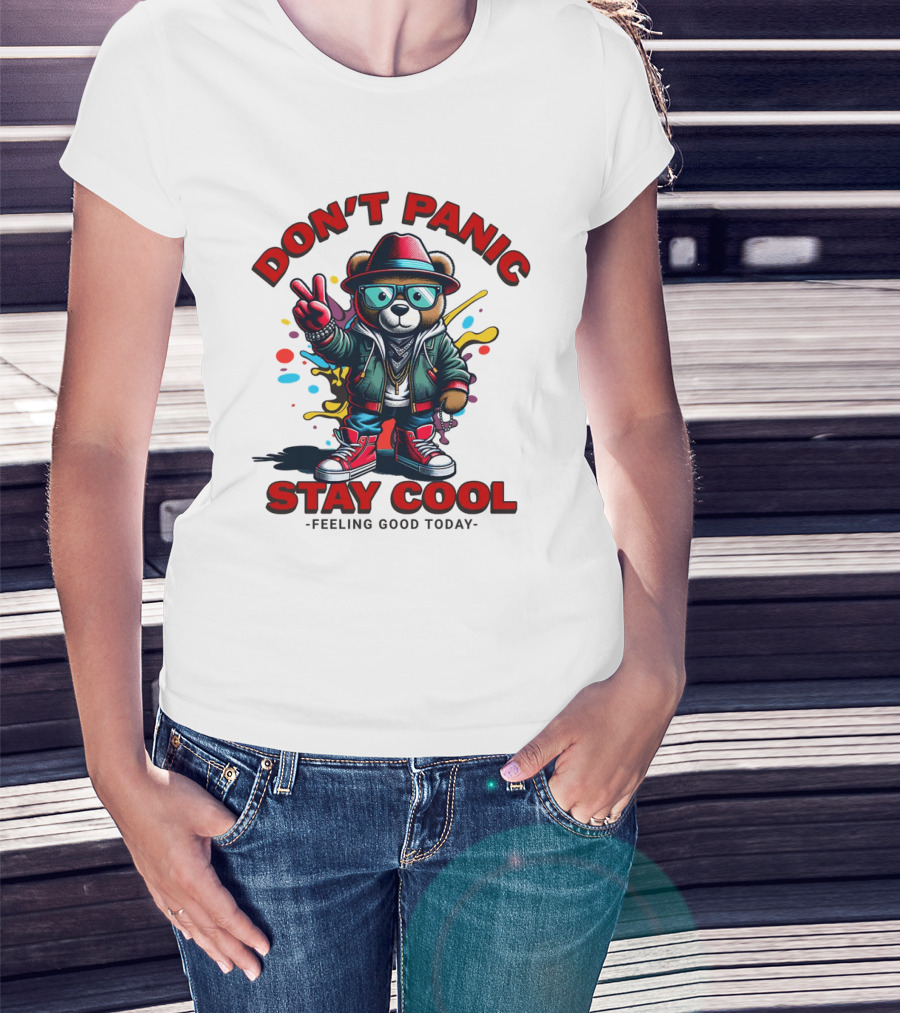 Don't Panic Stay Cool Feeling Good Today Bear With Peace Sign T-Shirt