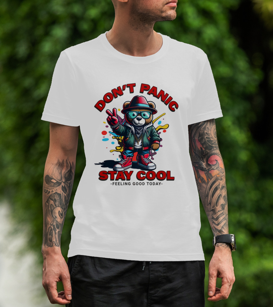 Don't Panic Stay Cool Feeling Good Today Bear With Peace Sign T-Shirt