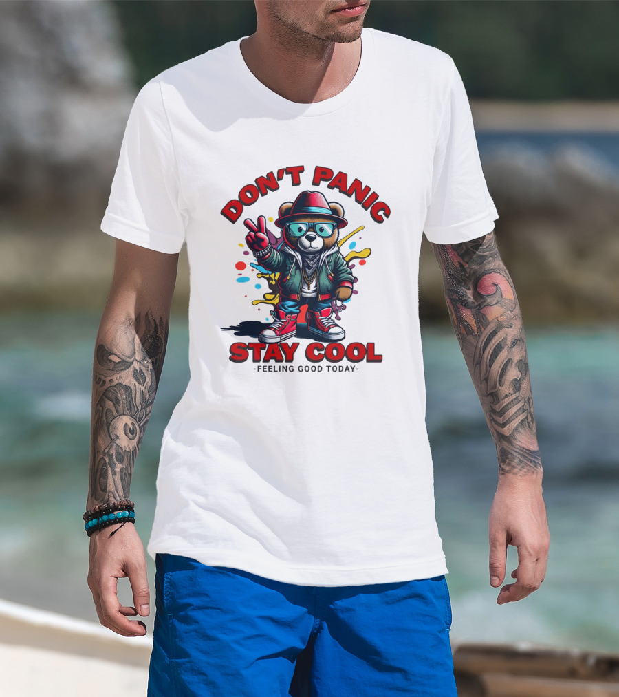 Don't Panic Stay Cool Feeling Good Today Bear With Peace Sign T-Shirt