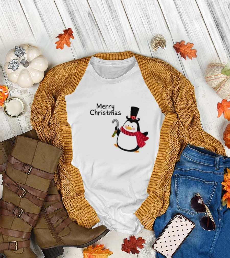 Merry Christmas Penguin with Candy Cane and Top Hat T-Shirt