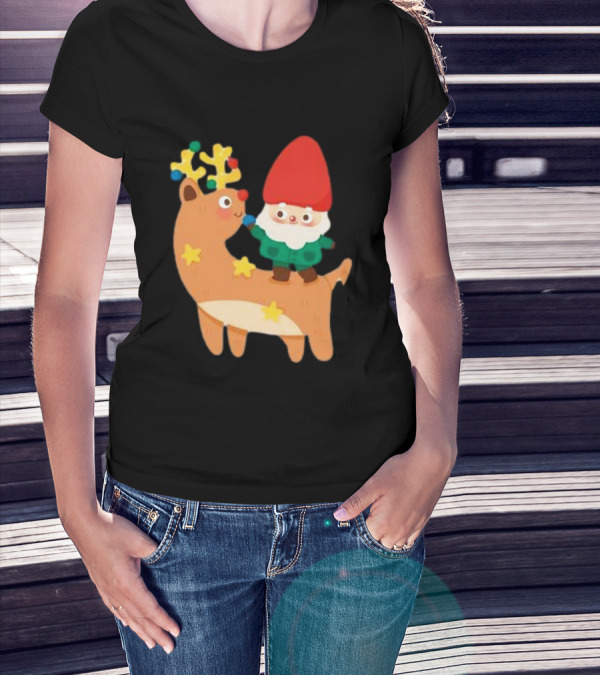 Cute Christmas Reindeer With Santa Riding T-Shirt