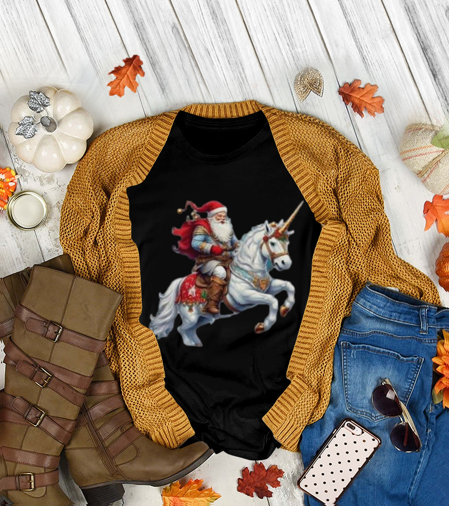 Santa Claus Riding Festive Unicorn Christmas T-Shirt